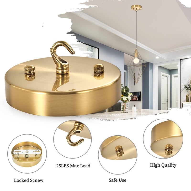 haultop 4.72 Inches Steel Light Canopy Kit, Bass Vintage Chandelier Ceiling Plate with Hook, Retro Pendant Light Canopy Kit with All Mounting Hardware for Pendant Light or Chandelier Satin Brass - Image 5